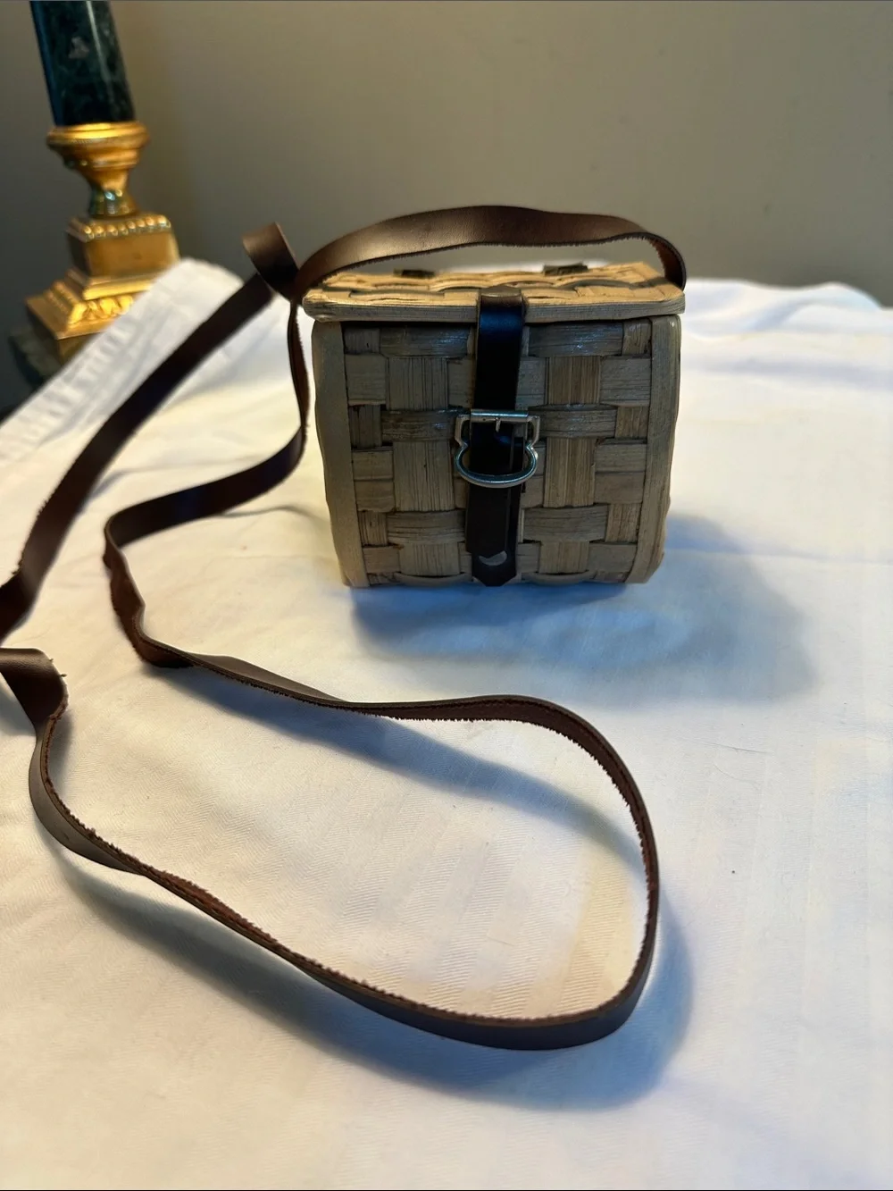 Woven Straw Crossbody Bag with Brown Leather Strap